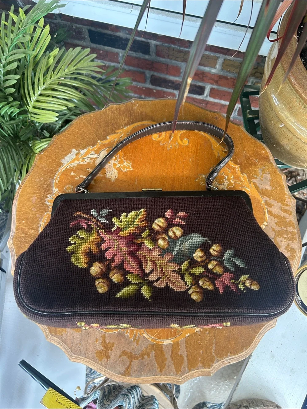Vintage Brown Floral Leaf & Acorn Needlepoint Handbag